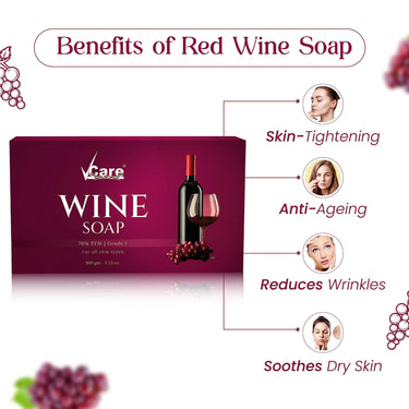 VCare Red Wine Bathing Bar/Soap for Body, Hand, Face 100 gm - Helps to Reduce Fine Lines and Wrinkles for Men and Women (Pack of 10)